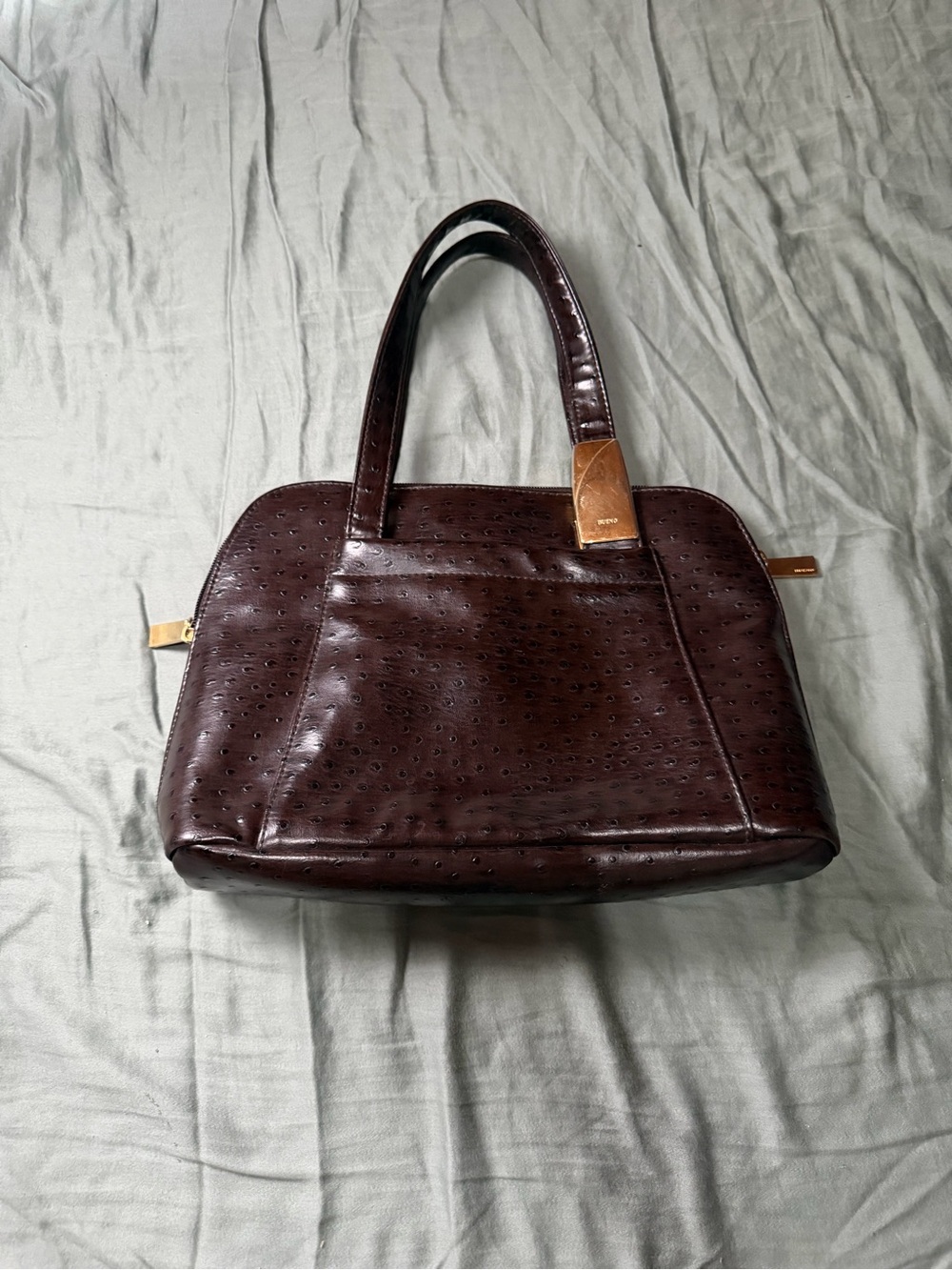 🤎 Vintage Brown Ostrich-Embossed Shoulder Bag | Y2K Structured Purse | Gold Hard